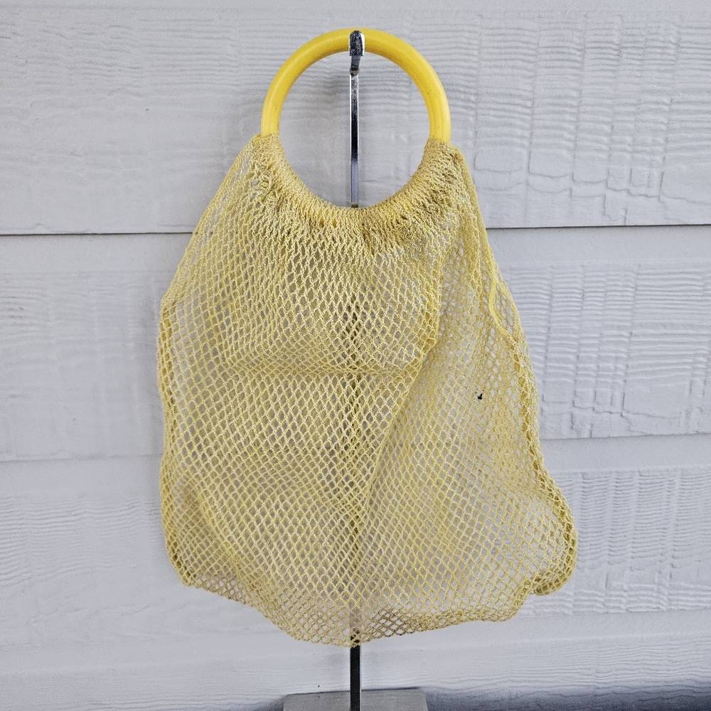 VTG 1970's Nylon Mesh Bag Yellow Germany Weave Round Top Handle 14" Expandable